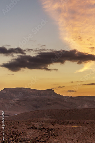 Vertical photo amazing landscape of yellow sunrise in negev desert israel.