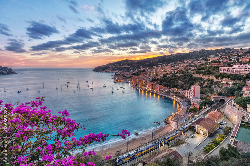 Aerial view of Villefranche-sur-Mer and the bay of Villefranche on sunset, Alpes-Maritimes, France