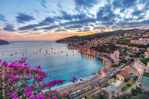Aerial view of Villefranche-sur-Mer and the bay of Villefranche on sunset, Alpes-Maritimes, France