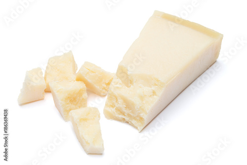 pieces of Parmesan cheese on white background