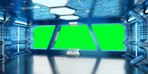 Fototapeta Naklejka Na Ścianę i Meble -  Spaceship blue and white interior 3D rendering