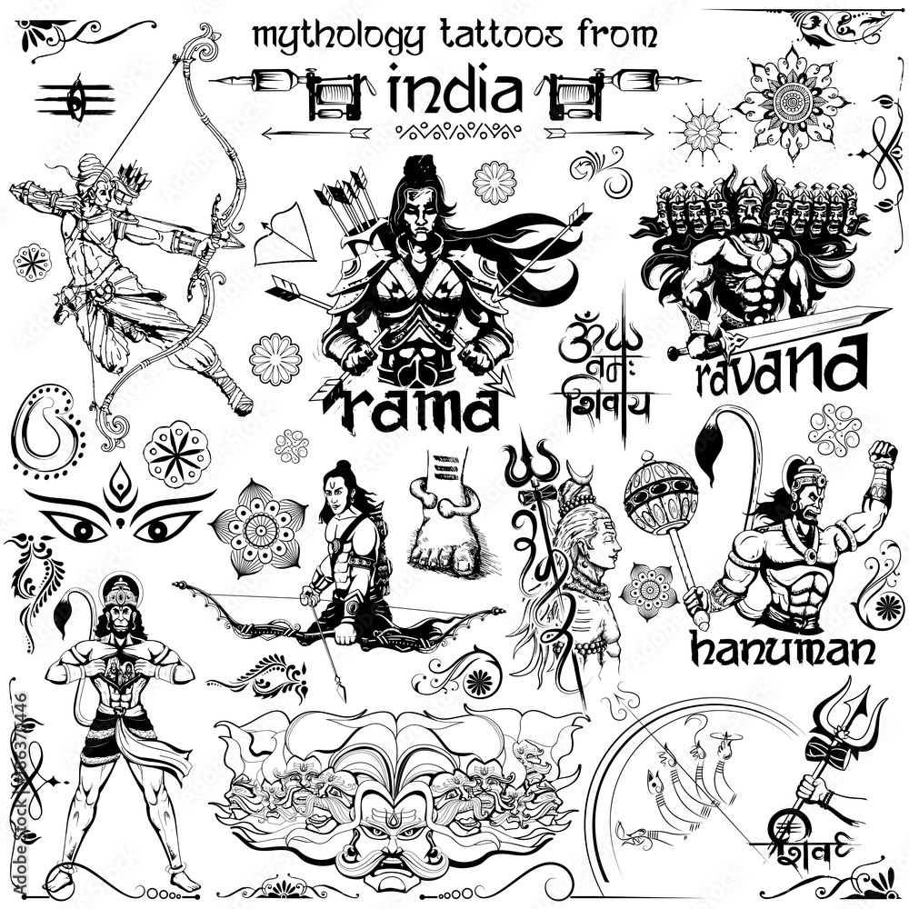 Tattoo art design of Lord Rama, Ravana and Hanuman collection Stock Vector  | Adobe Stock