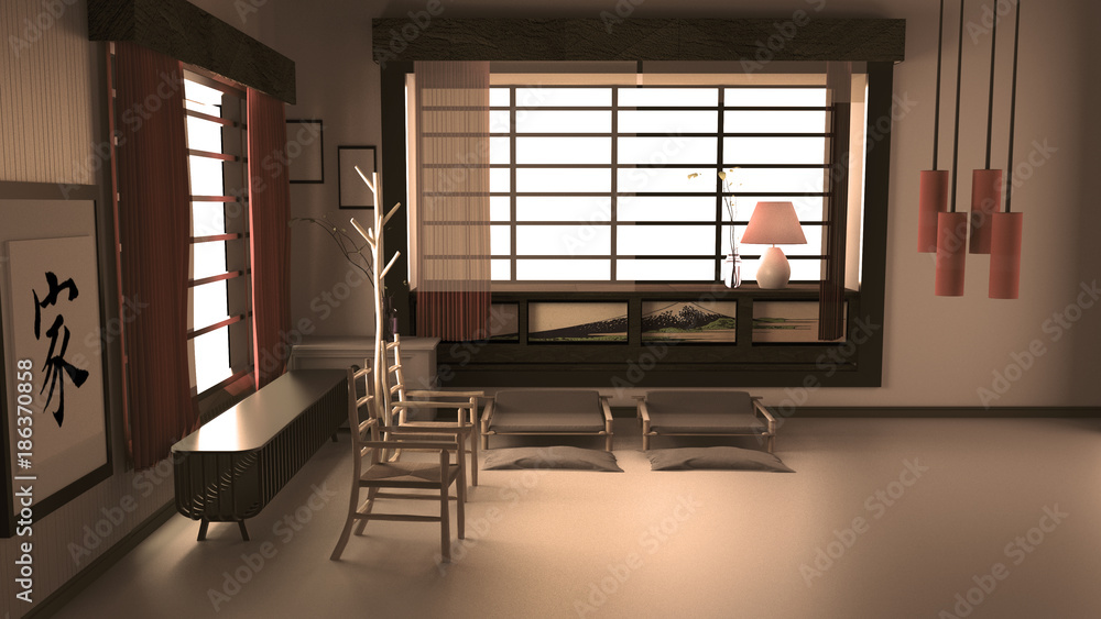 Fototapeta premium Japanese room interior, Living room design. 3D rendering