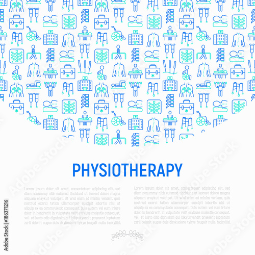 Physiotherapy concept with thin line icons: rehabilitation, physiotherapist, acupuncture, massage, gymnastics, go-carts, vertebrae; x-ray, trauma, wheelchair. Vector illustration, web page template.
