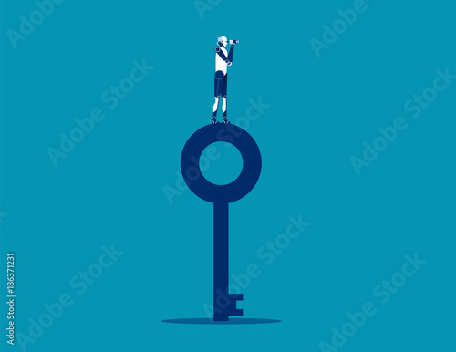 Robot standing on top key and looking through telescope. Concept business vector illustration.
