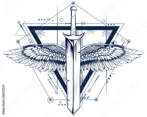 Gothic style sword with wings tattoo