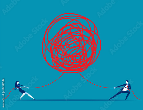 Business people pulling at tangled rope in opposite directions. Concept business vector illustration.
