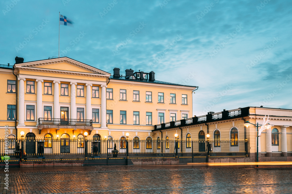 Helsinki, Finland. Presidential Palace In Evening Illuminations.
