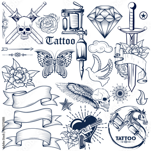 Tattoo art design of Skull, Horse and Flora collection with tattooing machine