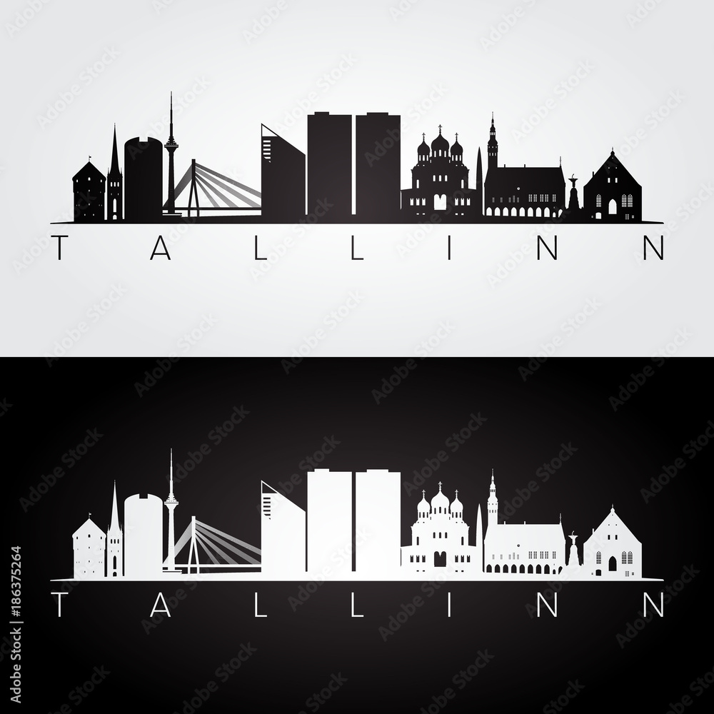 Obraz premium Tallin skyline and landmarks silhouette, black and white design, vector illustration.