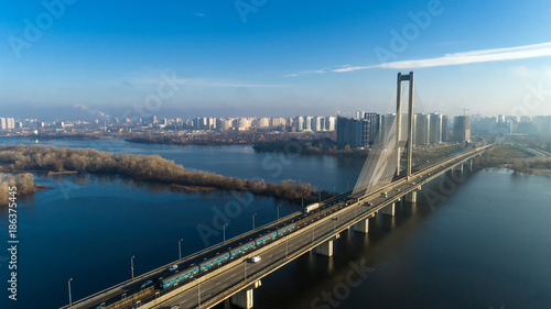 Aerial view of the South Bridge. Aerial view of South subway cable bridge. Kiev, Ukraine.