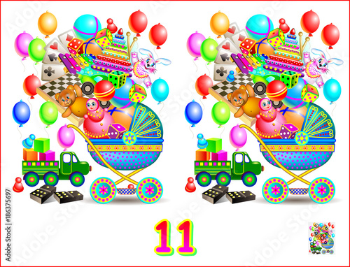 Logic puzzle game for children and adults. Need to find 11 differences. Developing skills for counting. Vector cartoon image.