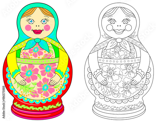 Colorful and black and white pattern for coloring. Illustration of Russian doll. Worksheet for children and adults. Vector image.