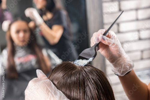 Close up of female hairdresser's hands are dyeing client's hair in front of the mirror photo