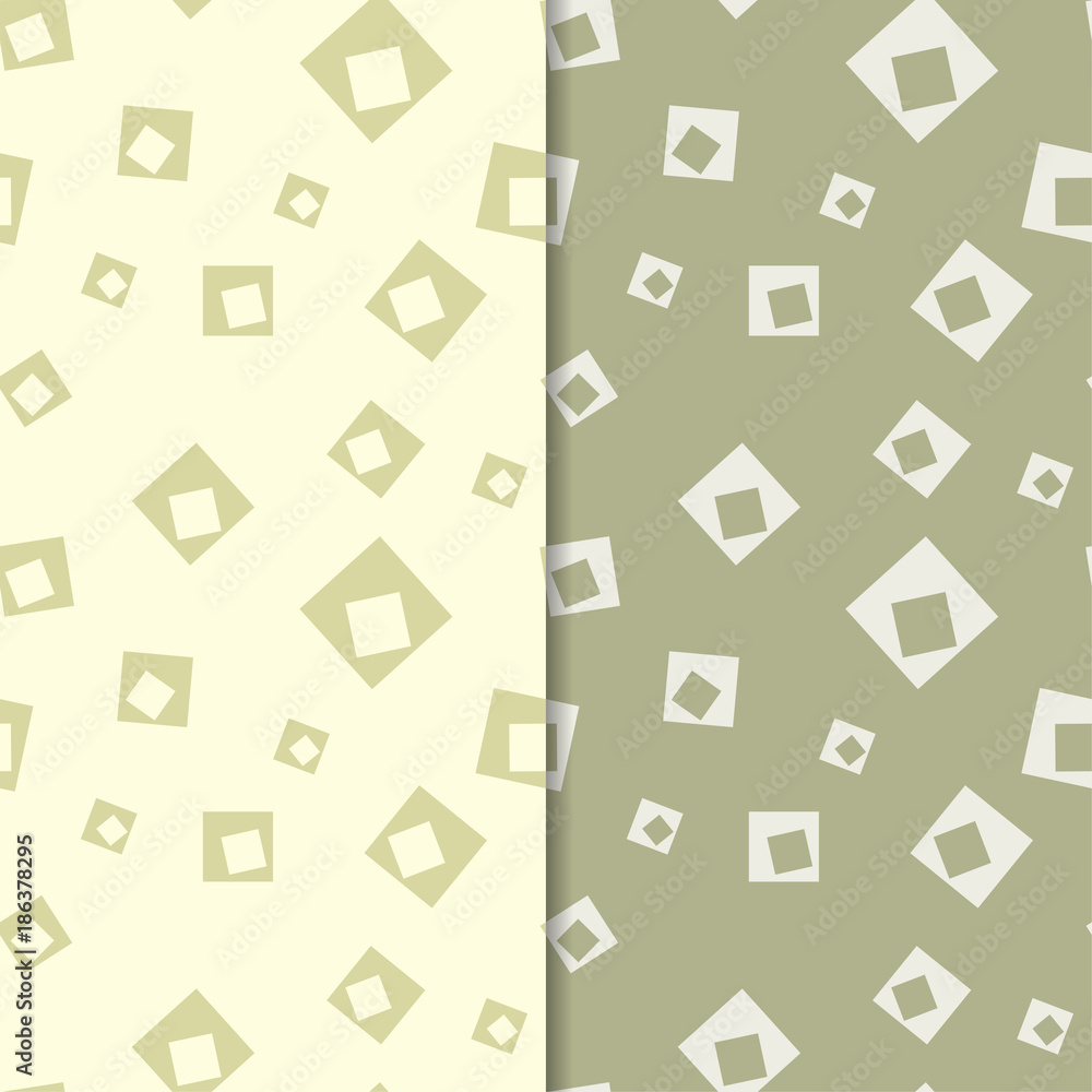 Set of geometric ornaments. Olive green seamless patterns