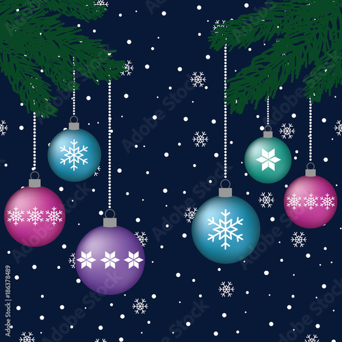 volume blue purple pink turquoise balls hanging on green branches christmas tree snow night snowflake card new year merry christmas vector