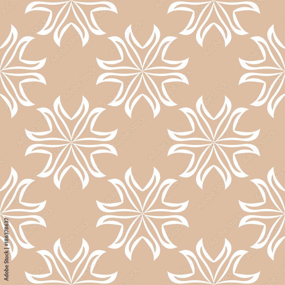 White floral ornament on beige background. Seamless pattern White floral ornament on beige background. Seamless pattern