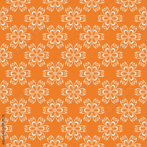 White floral ornament on orange. Seamless pattern