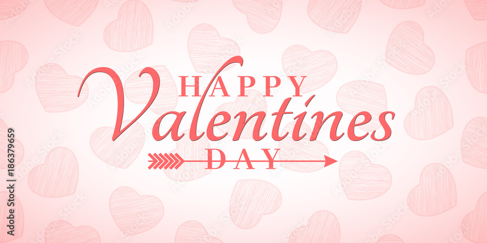 Background for Valentines day. Pattern of pink hearts. Pale red text. Light scribbles. Romantic banner for advertising. Vector.