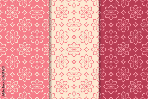 Set of red floral ornaments. Cherry pink vertical seamless patterns