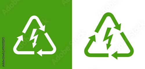 Renewable electric energy - electricity and electrical power from sustainable natural resource. Hydroelectricity, hydropower, solar energy. Vector illustration of green symbol, sign, pictogram