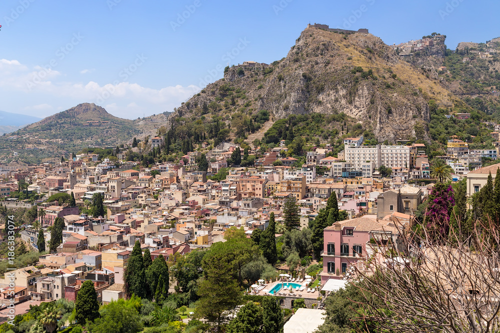 Taormina, Sicily. Scenic view of the city on the mountainside