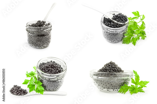 Collage of black caviar isolated on white