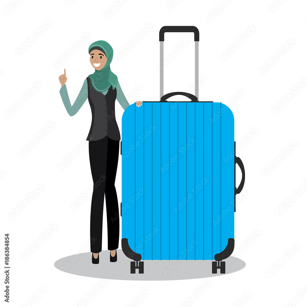 young arabic female holding blue modern suitcase young arabic female holding blue modern suitcase