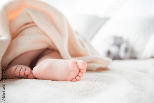 Close up of cute little feet lying under soft covering. Focus on them. Copy space in right side