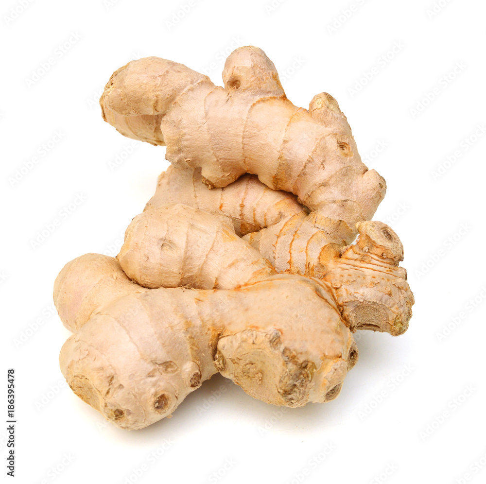 Fresh ginger root or rhizome isolated on white background cutout