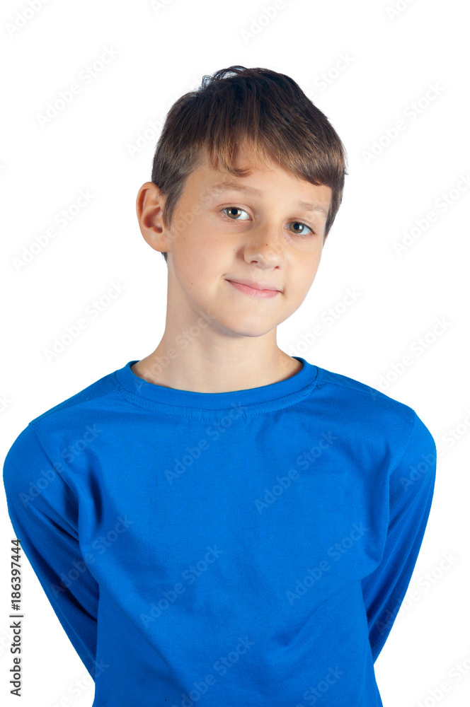 Smiling teenager in blue pullover standing on white background Smiling teenager in blue pullover standing on white background