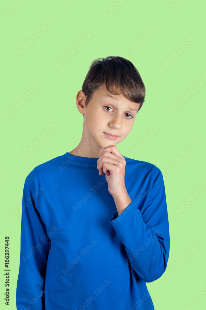 Thinking boy in blue pullover on green background Thinking boy in blue pullover on green background