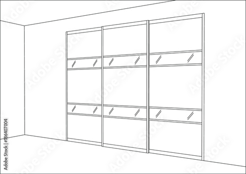 3D vector sketch. Wardrobe with sliding doors in the interior. Big build-in modern wardrobe with folded and hanging clothes. Home Interior Design Software Programs.