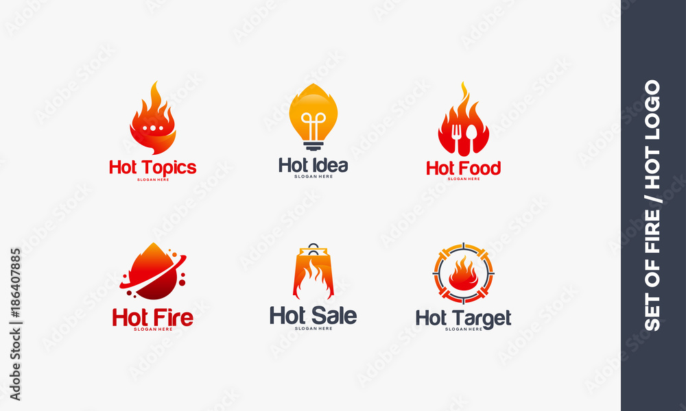 Vettoriale Stock Set of Fire logo designs concept, Hot topic, Spirit Idea,  Hot Food, Fire Flame logo, Hot Sale, Hot Target logo template | Adobe Stock