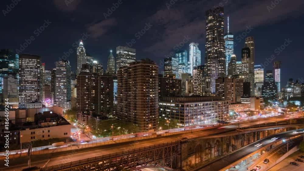 Panning motion timelapse downtown Manhattan skyline FDR Drive Panning motion timelapse downtown Manhattan skyline FDR Drive