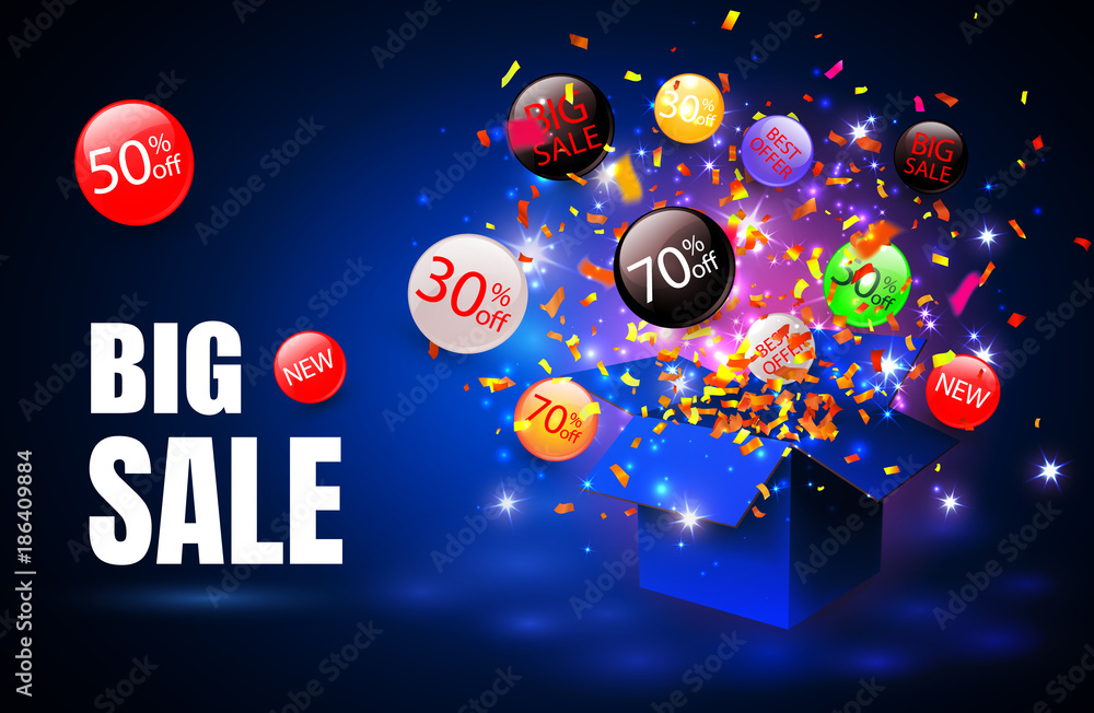 Obraz premium Big sale. Special offer sale discount symbol with open gift and flow labels. Easy to use for your design