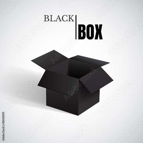 Open box, black cardboard, vector container