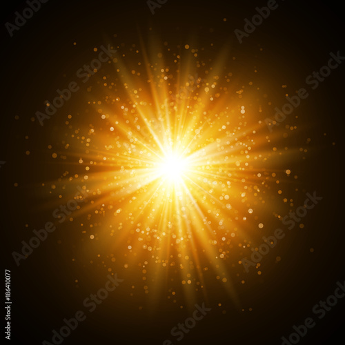 Star burst with sparkles. Light effect. Gold glitter texture