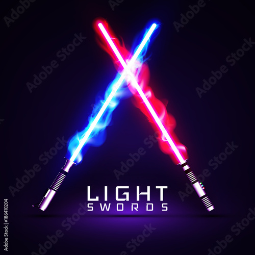 neon light swords. crossed light, fire, flash and sparkles