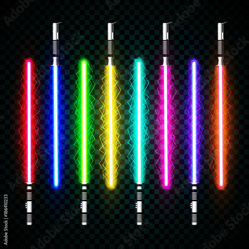 neon light swords. crossed light, flash and sparkles. Vector illustration isolated on transparent background