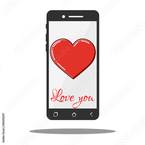 Flat line icon phone with big red heart. Vector