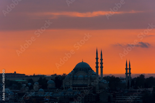 Istanbul cityscape with a famous mosque at sunset