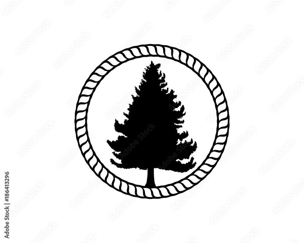 Black Pine Tree and Classic Circle Like a Rope Illustration Vector Logo