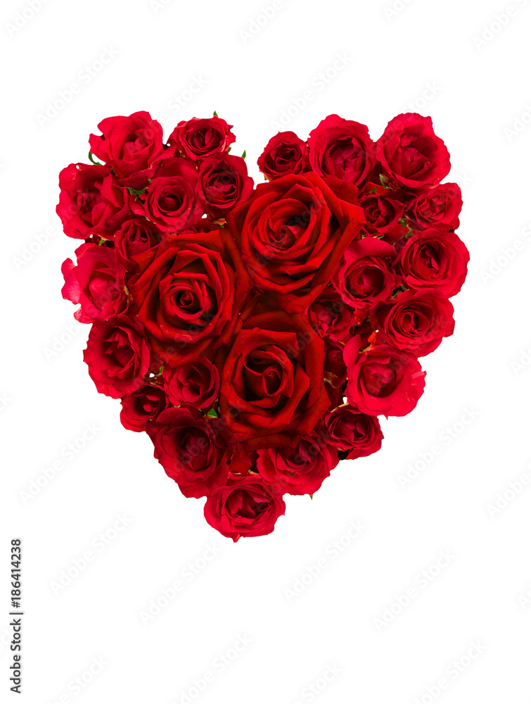 Roses arrangement in heart shape for Valentines day isolated on white background with clipping path Roses arrangement in heart shape for Valentines day isolated on white background with clipping path