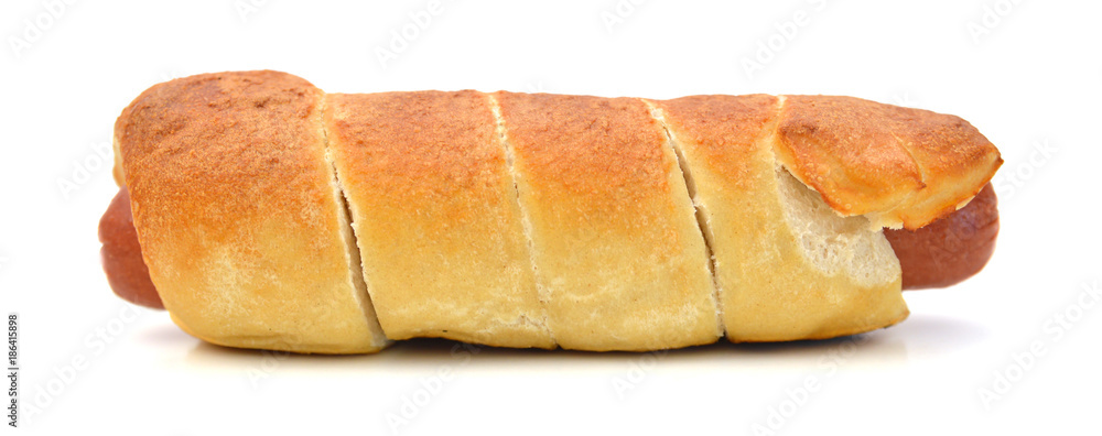 Sausage in bread isolated on white background Sausage in bread isolated on white background