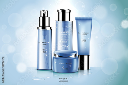 Luxury cosmetic Bottle package skin care cream, Beauty cosmetic product poster, with Bokeh and Water background