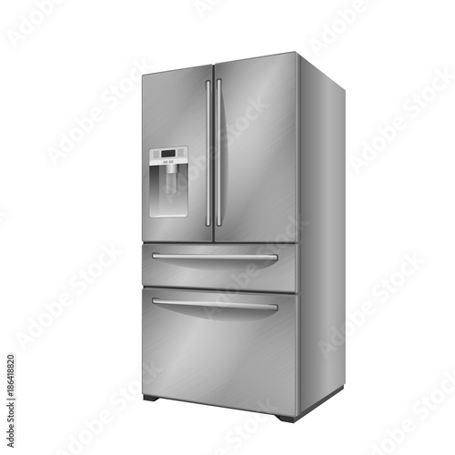 Modern steel refrigerator with two doors, ice machine and drawers. Vector illustration on white background
