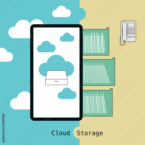 A comparison between document room in the past and cloud storage in present. Vector illustration.