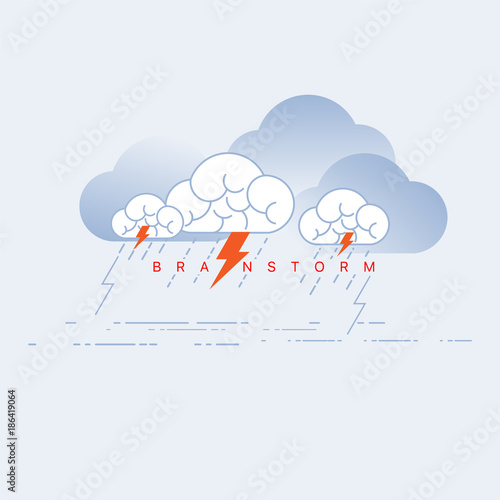 Depiction of brainstorming technique. Brain and storm wordplay concept. Vector illustration.