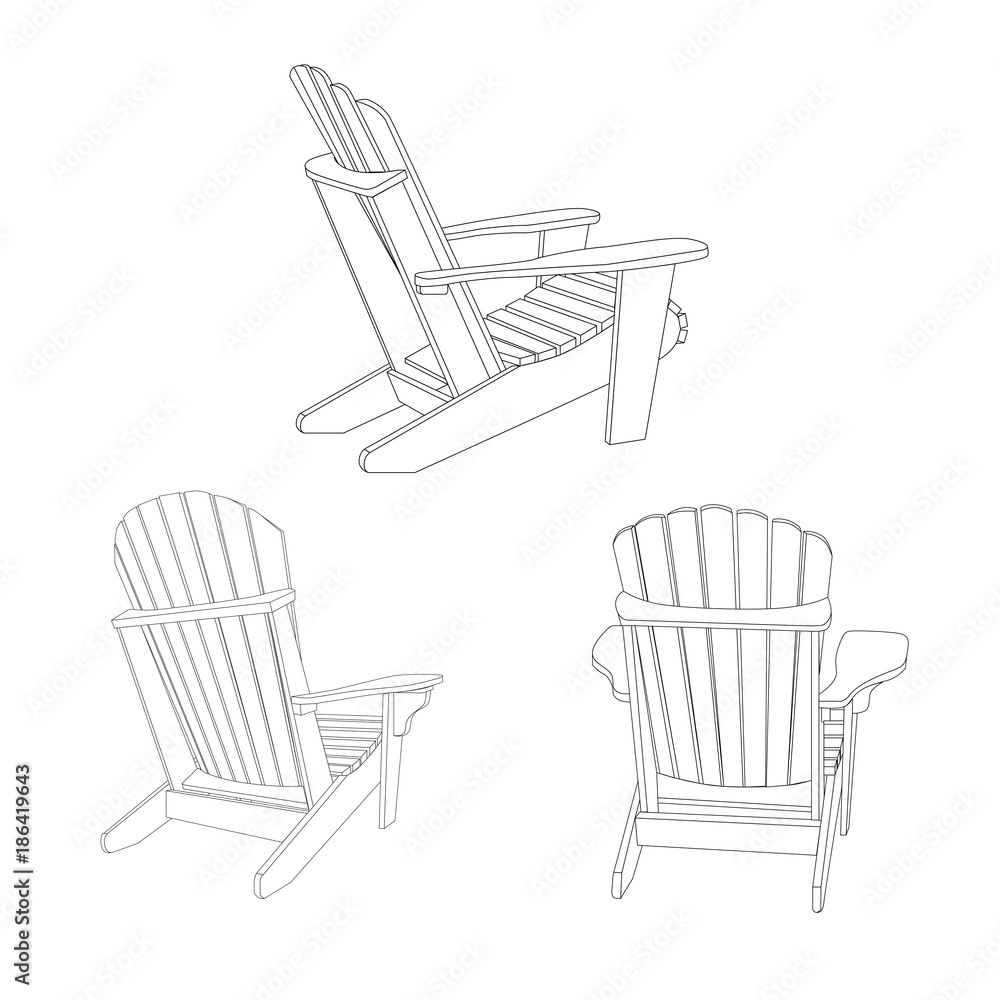 Wooden garden chair, adirondack style. Classic outdoor furniture. Vector illustration on white background Wooden garden chair, adirondack style. Classic outdoor furniture. Vector illustration on white background